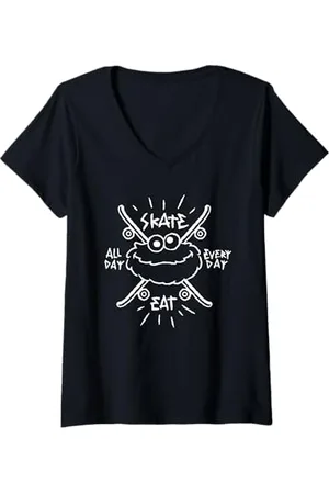 Sesamstraat Donna Skate All Day Every Day White, Maglietta con Collo a V