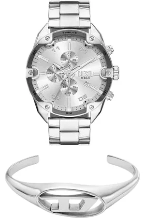 Diesel Uomo Orologio e Bracciale D Logo in Acciaio Inossidabile Argento, Set