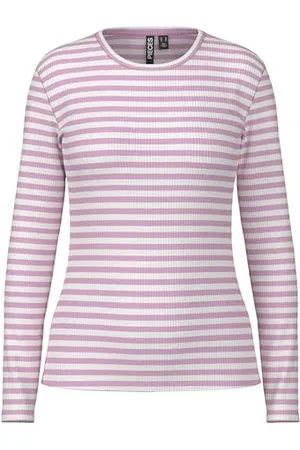 Pieces® Pcruka LS Top Noos BC Maglietta a Maniche Lunghe, Lavender/Strisce: Cloud Dancer, M Donna