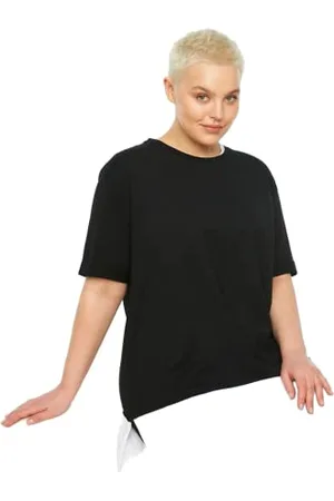 Trendyol Woman Oversize Standard Crew Neck Knit Plus Size T-Shirt Camicia, Black, XL Donna