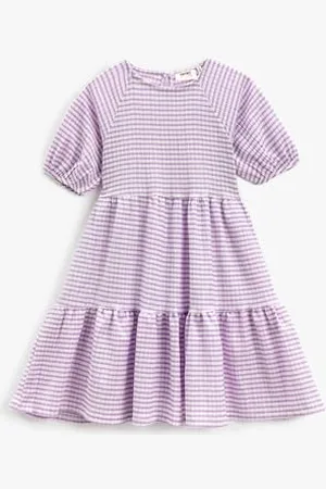 Koton Short Puff Sleeve Dress Relax Cut Crew Neck Tiered, Vestito Bambina, (3c5)