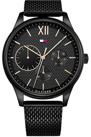 Tommy Hilfiger Orologio Multifunzionale al Quarzo da Uomo da 44 mm - Quadrante Nero con Motivo Clou de Paris, Bracciale in Acciaio Inossidabile Nero, Resistente all