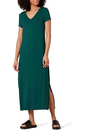 Amazon Abito Midi a Maniche Corte con Scollo a V in Jersey Donna, , M