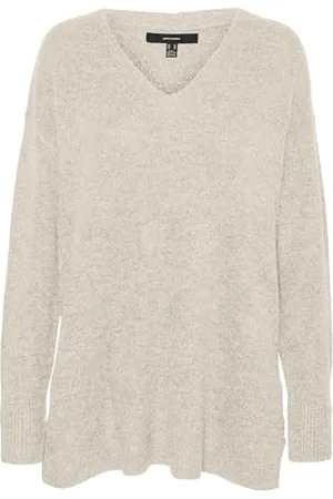 VERO MODA Vmfiluca Ga Noos-Pullover Lungo con Scollo a V Maglione, Betulla/Dettaglio: Melange, XL Donna