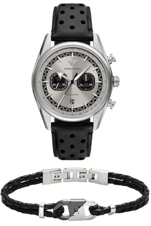 Emporio Armani Uomo Orologio in Pelle Nera e Bracciale Bicolore, Set