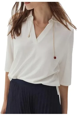 Caroll TJ025-ELISA T-Shirt con Scollo a Camicia 100% Cotone, Avorio, L, , L Women