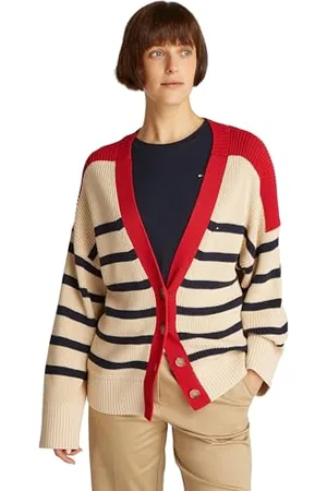 Tommy Hilfiger Donna Giacca in Maglia Cardigan con Chiusura a Bottoni, Multicolore (Dark Night Navy Stripe), M-L