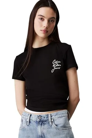 Calvin Klein Donna T-Shirt Maniche Corte Script Institutional Baby Tee Scollo Rotondo, Nero , M
