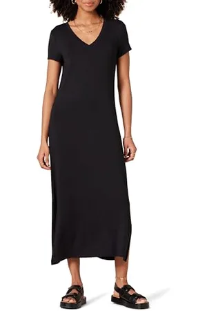 Amazon Abito Midi a Maniche Corte con Scollo a V in Jersey Donna, , L