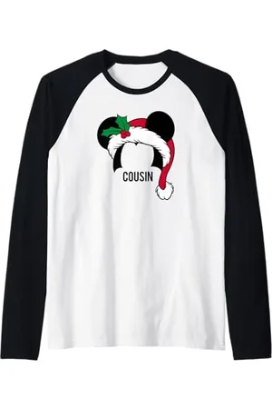 Disney Maglietta Mickey Mouse Ears Santa Hat COUSIN Family Maglia con Maniche Raglan