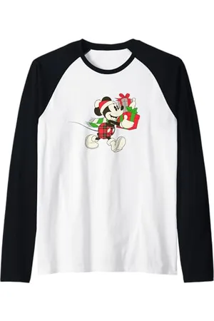 Disney Maglietta vintage con cappello di Babbo Natale, motivo: Topolino Maglia con Maniche Raglan
