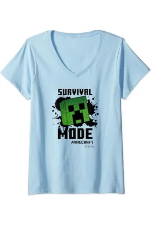 Minecraft Creeper Black Splat Survival Mode Maglietta con Collo a V