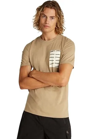 Calvin Klein Uomo T-shirt Maniche Corte Serif Box Graphic Tee in Cotone, Beige (Tree House), XL