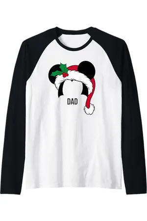 Disney Uomo Mickey Mouse Ears Santa Hat DAD Holiday T-Shirt Papà Maglia con Maniche Raglan