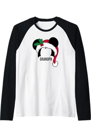 Disney Uomo Maglietta Mickey Mouse Ears Santa Hat GRANDPA Holiday Maglia con Maniche Raglan