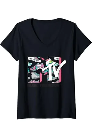 MTV Donna Logo Music Television Sneaker Stampe Maglietta con Collo a V