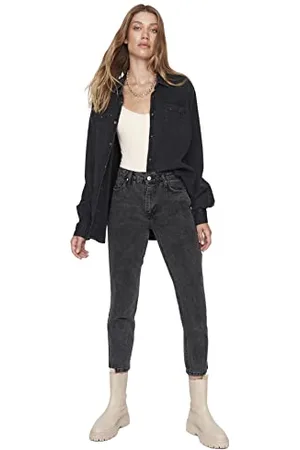 Trendyol Herren Mittlerer Bund Mom Jeans, Black, 34 da Donna