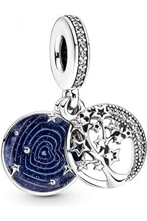 PANDORA Pendente Moments in argento Sterling con albero genealogico a forma di stella e luna, con zirconi cubici trasparenti e smalto blu glitterato