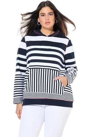 Ulla Popken Hoodie, Gestreift mit Känguru-Tasche Felpa con Cappuccio a Righe con Tasca a Marsupio, , 50-52 Große Größen Donna