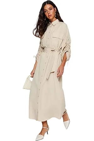 Trendyol Beigefarbenes, Verstellbares, Detailliertes Hemdkleid aus Baumwollgewebe mit Gürtel Vestito Casual, , 50 Donna