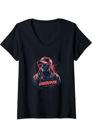 UNDERCOVER Donna Ragazzo fresco con occhiali da sole e emblema sotto copertura Maglietta con Collo a V