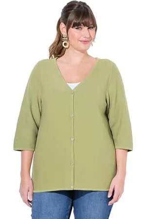 Ulla Popken Strickjacke, V-Ausschnitt, 3/4-arm, Biobaumwolle Cardigan Corto Femminile con Bottoni, , 48-50 Plus Donna
