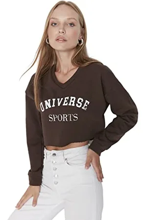 Trendyol Felpa Aderente con Scollo a V e Slogan Maglia di Tuta, , S Donna