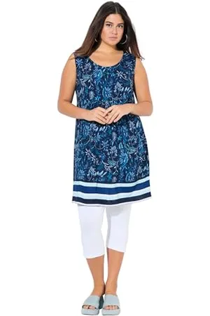 Ulla Popken Jersey-minikleid, Blüten, A-Linie, Rundhals, Ärmellos Abito swingdress con Bordo Stampato, , 52-54 Donna