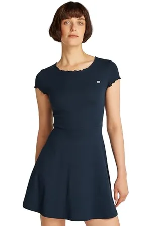 Tommy Hilfiger Donna Abito Babylock Fit & Flare Mini, Blu (Dark Night Navy), S