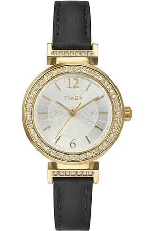 Timex Orologio da donna Dress da 31 mm, cinturino in pelle nera, quadrante color argento, cassa color oro TW2W48900