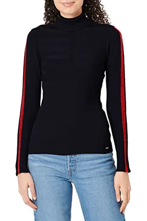 Morgan Pull col roulé Bande Couleur Manche MENTOI Pullover Sweater, Blu Marino/Rosso, TXS Women