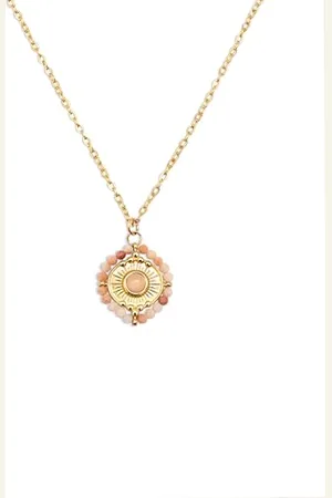 SINGULARU Collana Medallion Stones Rosa. Acciaio con Placcatura in 18Kt e Pietre Naturali. Gioielli da Donna
