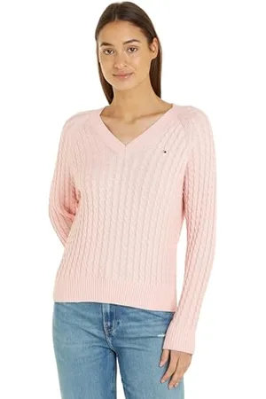 Tommy Hilfiger CO Cable V-NK Sweater WW0WW40674, Donna, (Whimsy Pink), XXL