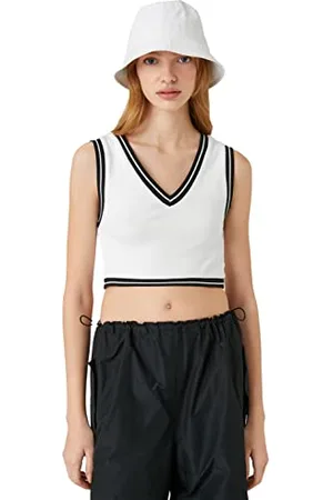 Koton Crop Tank Top V Neck Ribbed Stripe Detail Camicia, (001), XS Donna