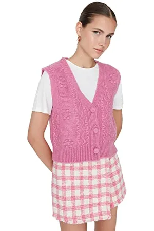 Trendyol Knitting Detailed V – Neck Button Knitwear Sweater Felpa, Colore: Rosa, M Donna