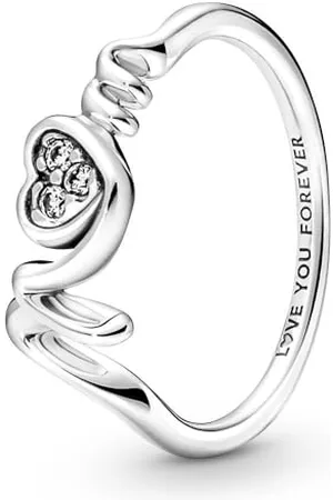 PANDORA Anello Moments a forma di cuore con pavé e scritta Mom in Sterling con zirconia cubica trasparente, 50