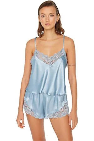 Trendyol Damen Unifarben Mitte Webstoff Unterhemd-Shorts Pyjama Set Pigiama, , 70 (Pacco da 2) da Donna