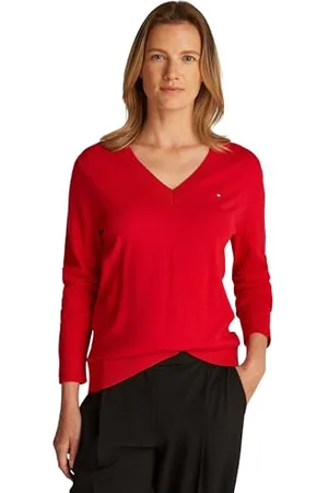 Tommy Hilfiger Pullover Donna Jersey V-Neck Pullover in Maglia, Rosso (Primary ), XS