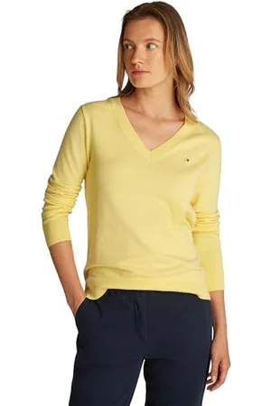 Tommy Hilfiger Pullover Donna Jersey V-Neck Pullover in Maglia, Giallo (Citronella), XS