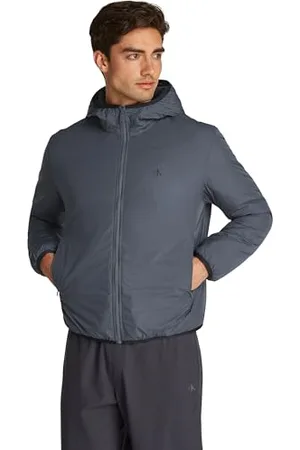 Calvin Klein Uomo Giacca a Vento Hi-Neck con Cappuccio, Grigio , XL