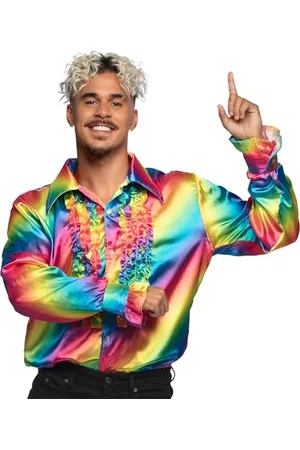 Boland Camicia da discoteca con volant, da uomo, colori arcobaleno, costume, camicia da festa, mossa Schlager, anni 