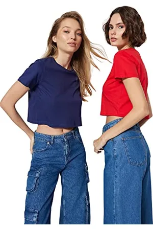 Trendyol Rosso 100% Cotone Collo Tondo 2 Confezione Crop Maglietta Lavorata a Maglia T-Shirt, , M Donna