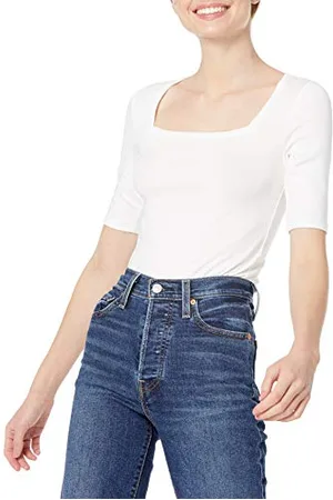 Amazon T-Shirt Aderente con Scollo Quadrato e Mezze Maniche Donna, , XS