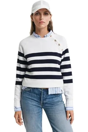 GANT Striped Gold Button C-Neck Sweat Maglia di Tuta, , S Donna