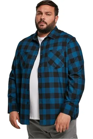 Urban classics Camicia in Flanella a Maniche Lunghe da Uomo, Camicia Casual Lunga con Bottoni per Uomo, Vestibilità Regolare, Cotone Flanella, Colore: Nero/Blu, Taglia: 3XL