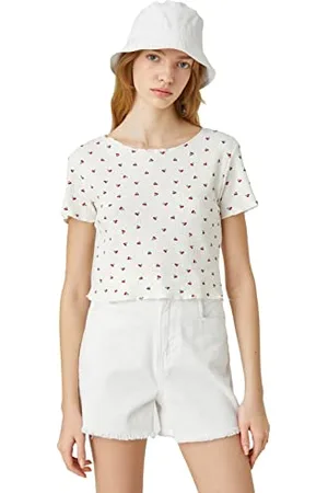 Koton Minimal Printed Short Sleeve Round Neck Crop T-Shirt, (03e), M Donna