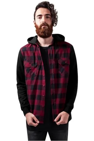 Urban classics Camicia da Uomo in Flanella a Quadri, Maniche Lunghe e Cappuccio, Stile Casual da Boscaiolo, Colore blk/burgundy/blk, Taglia S