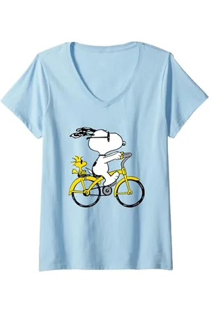 Peanuts Donna Bicicletta da equitazione Snoopy & Woodstock Maglietta con Collo a V