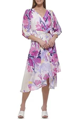 DKNY Stampa Floreale Faux-Wrap V-Neck Tie-Waist 3/4 Balloon Sleeve Chiffon Midi Dress Cocktail, , 40 Donna
