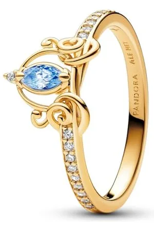 PANDORA Disney Anello con Cenerentola placcato in oro 14k con zirconi cubici azzurri trasparenti e fantasiosi, 50